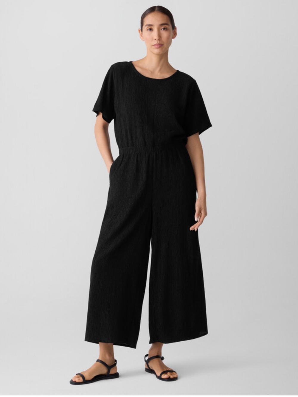 Eileen Fisher Tencel Woven Plisse Black Wide Leg Jumpsuit Size Small Petite NWT